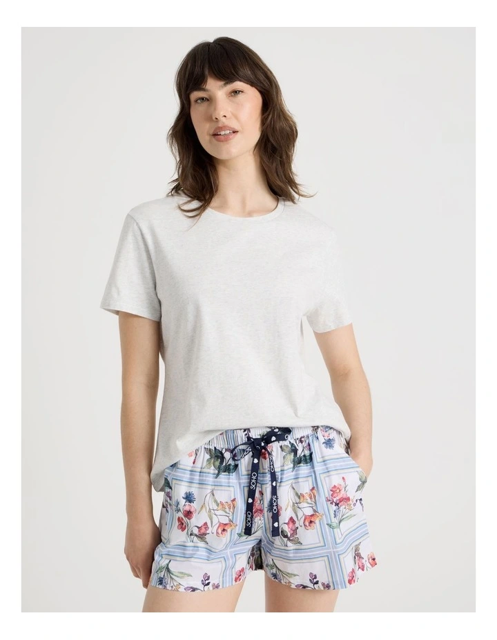 Cotton Knit Short Sleeve Pyjama Set in Grey Border Floral image 2