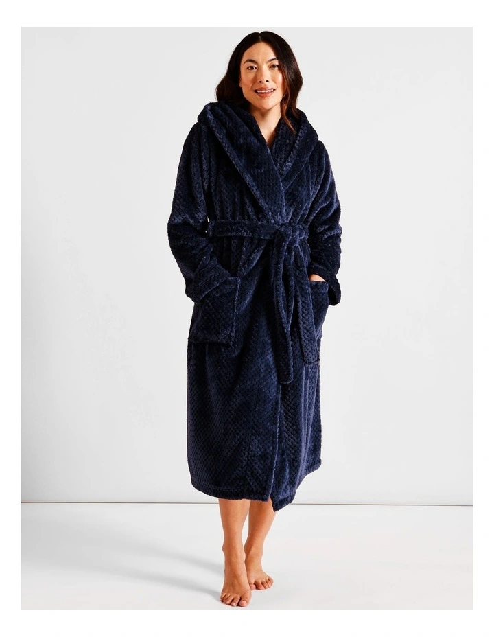 Fleece Hooded Robe in Navy image 1