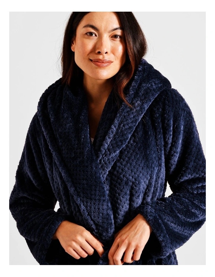 Fleece Hooded Robe in Navy image 3