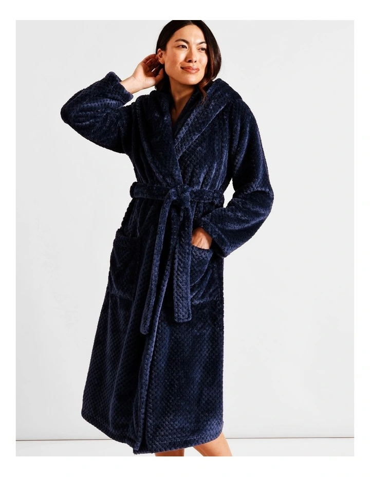 Fleece Hooded Robe in Navy image 4