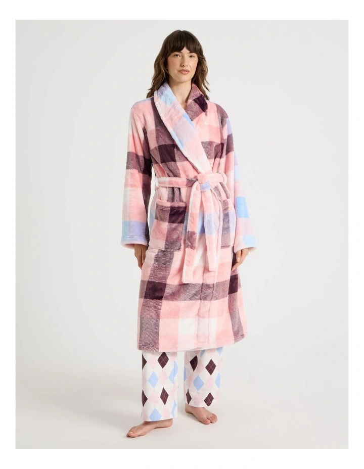 Long Fleece Robe in Pink Check Print image 1