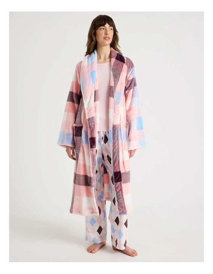 Long Fleece Robe in Pink Check Print image 3