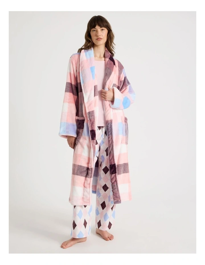Long Fleece Robe in Pink Check Print image 4
