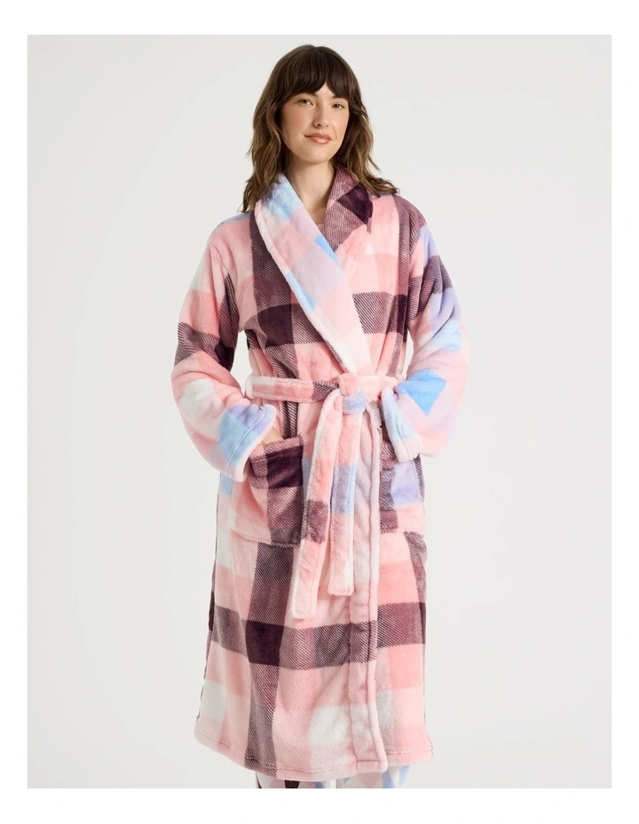 Long Fleece Robe in Pink Check Print image 5