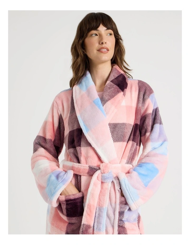 Long Fleece Robe in Pink Check Print image 6