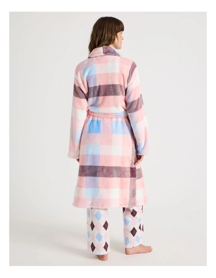 Long Fleece Robe in Pink Check Print image 7
