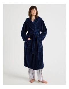 Hooded Fleece Robe in Navy