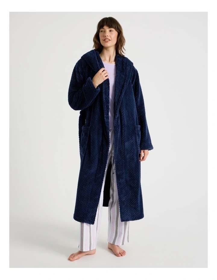 Hooded Fleece Robe in Navy image 3