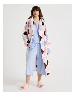Fleece Hooded Robe in Pink Argyle Print
