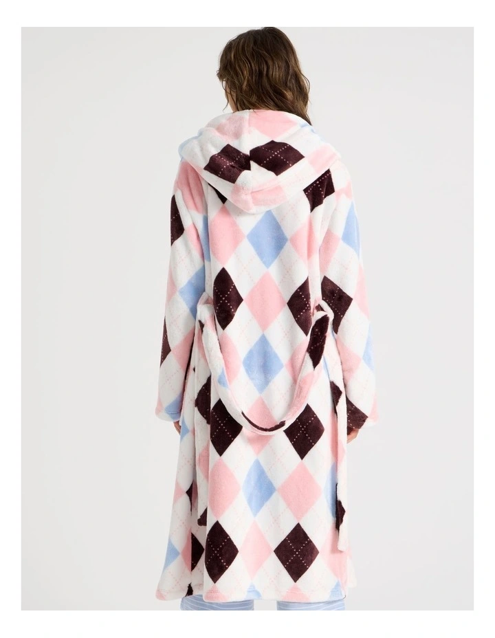 Fleece Hooded Robe in Pink Argyle Print image 6