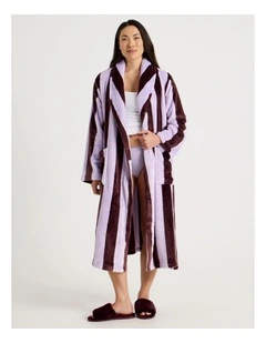 Long Fleece Robe in Lilac Stripe Print