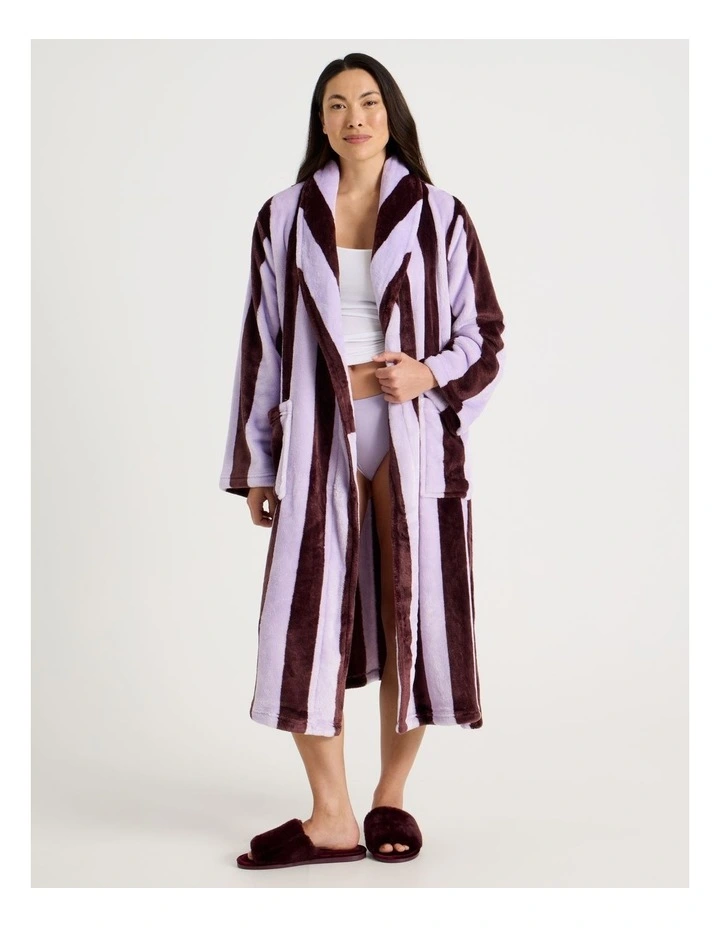 Long Fleece Robe in Lilac Stripe Print image 1