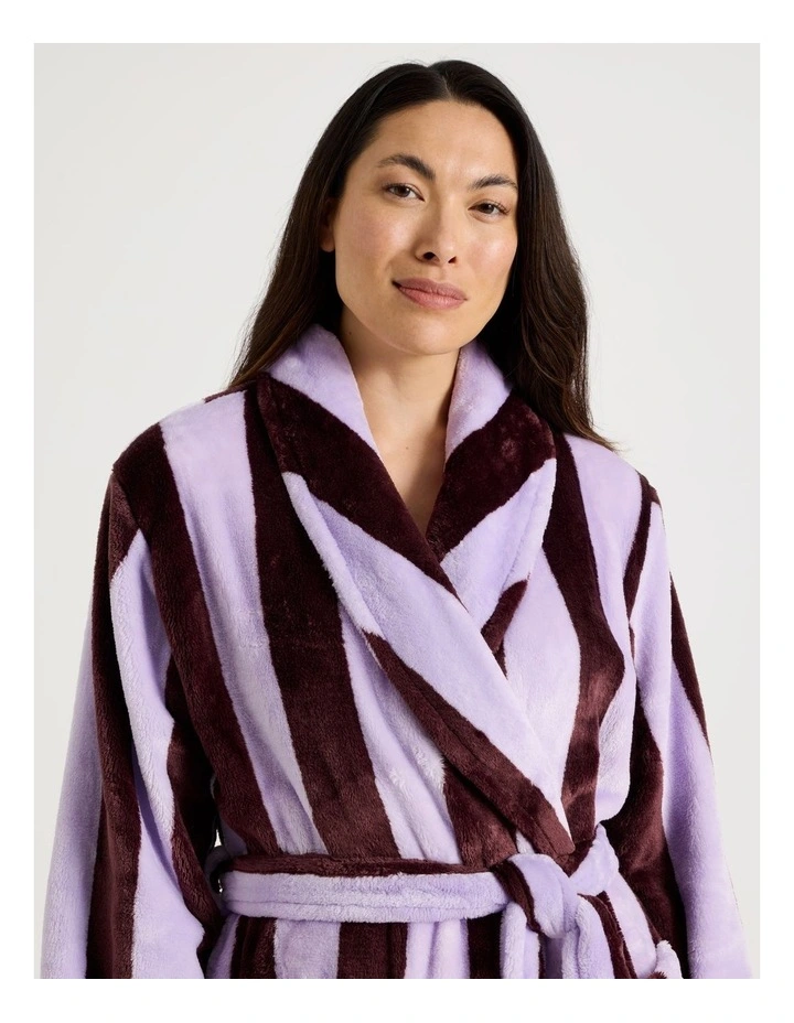 Long Fleece Robe in Lilac Stripe Print image 2