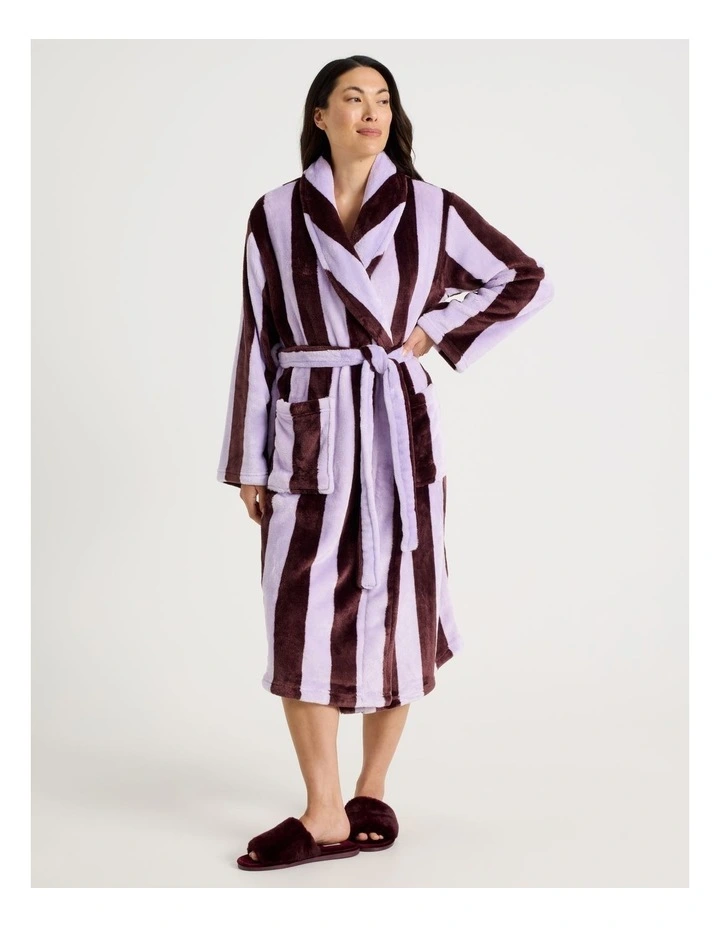 Long Fleece Robe in Lilac Stripe Print image 3