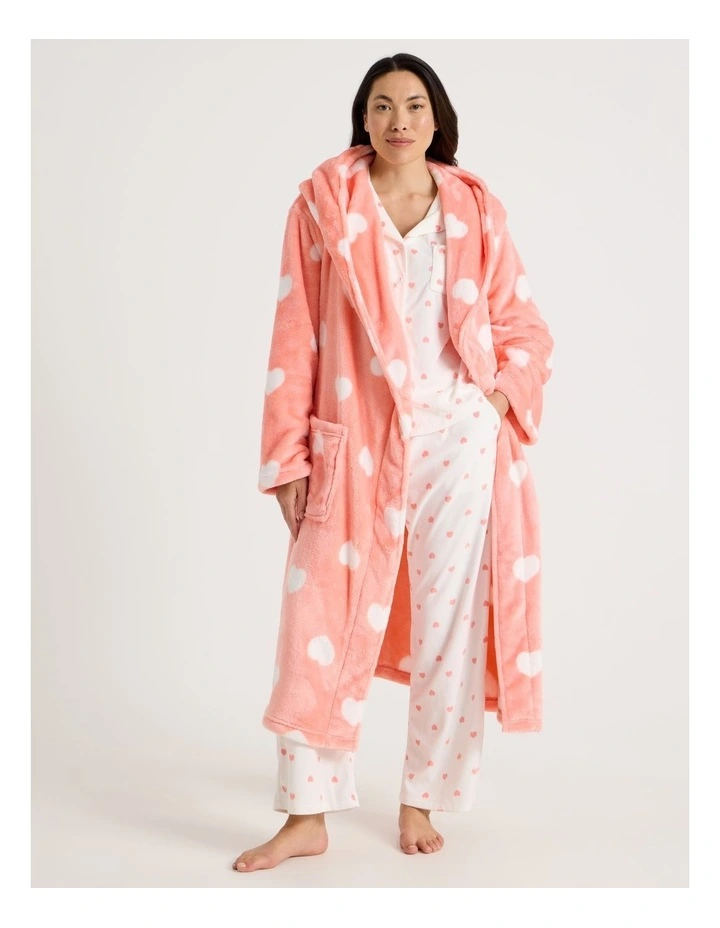 Fleece Hooded Robe in Peach Hearts Print image 1