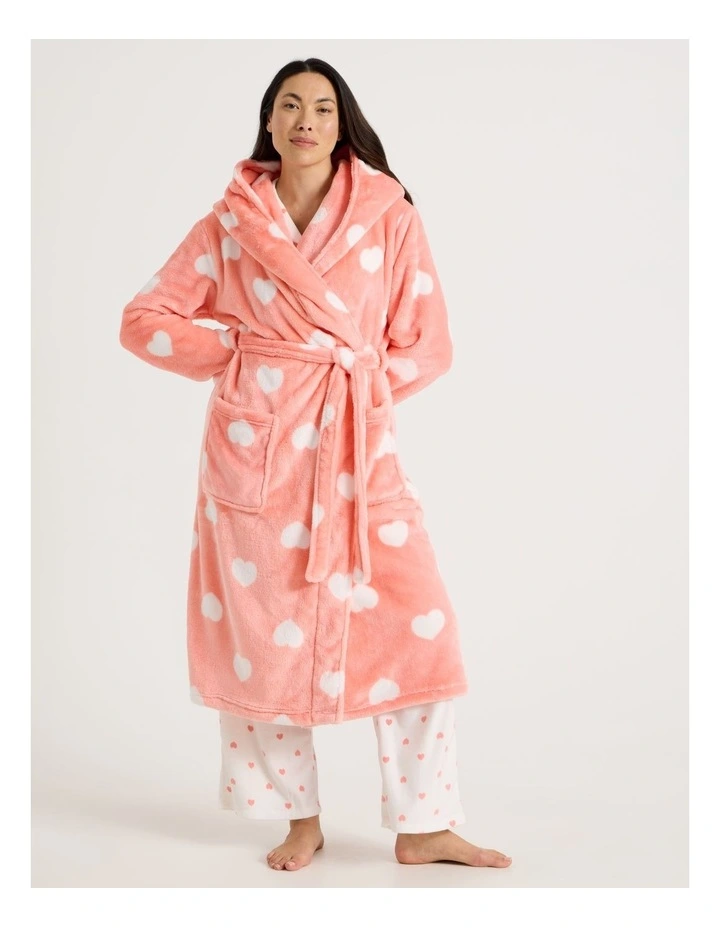 Fleece Hooded Robe in Peach Hearts Print image 3