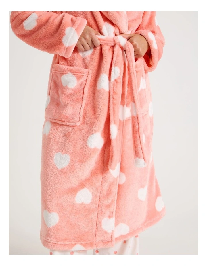 Fleece Hooded Robe in Peach Hearts Print image 6