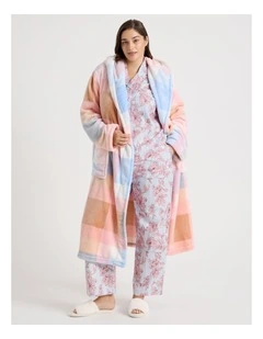 Fleece Hooded Robe in Blue Check Print