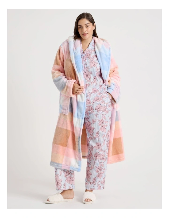 Fleece Hooded Robe in Blue Check Print image 1