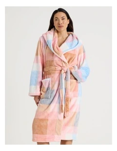 Fleece Hooded Robe in Blue Check Print