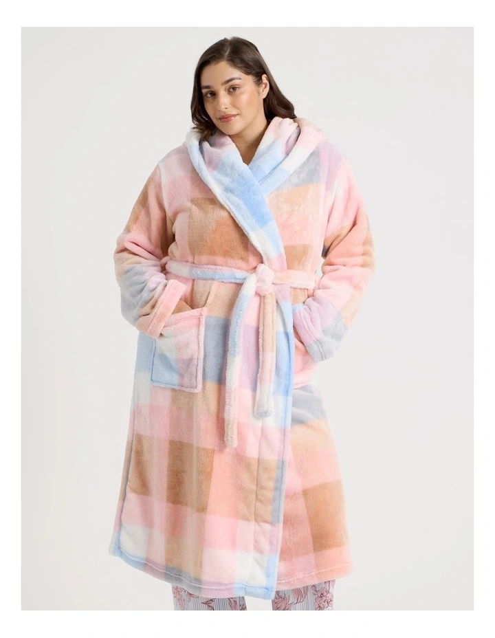 Fleece Hooded Robe in Blue Check Print image 2