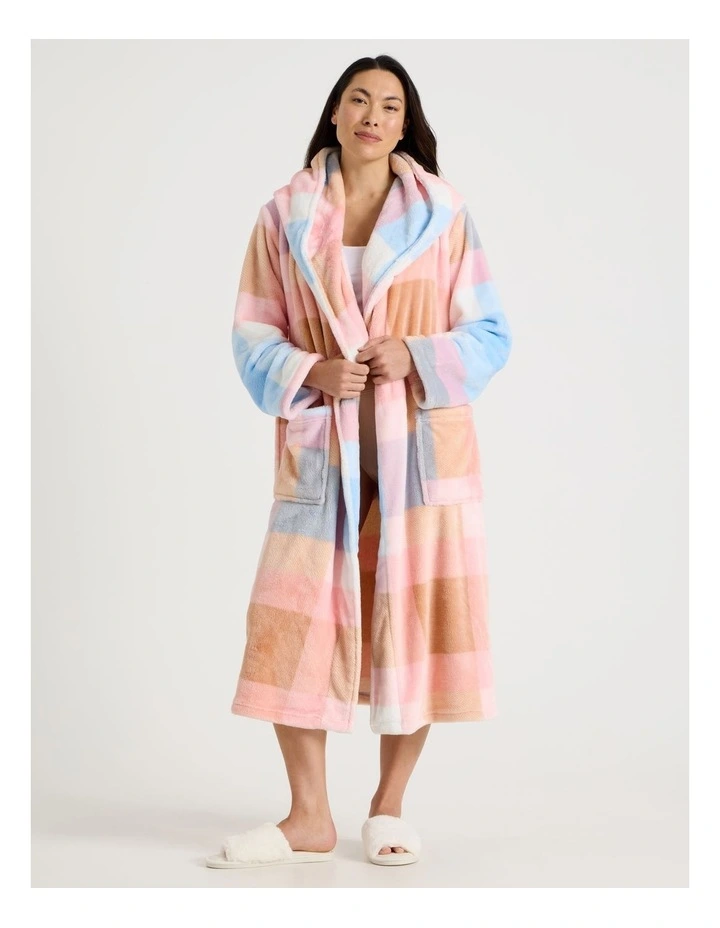 Fleece Hooded Robe in Blue Check Print image 2