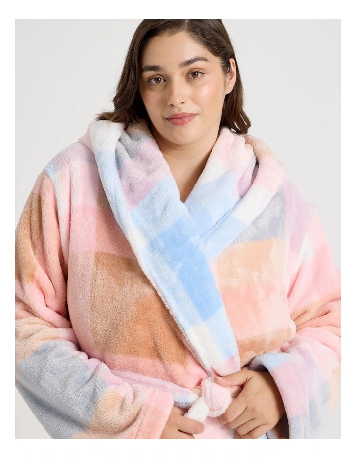 Fleece Hooded Robe in Blue Check Print image 3