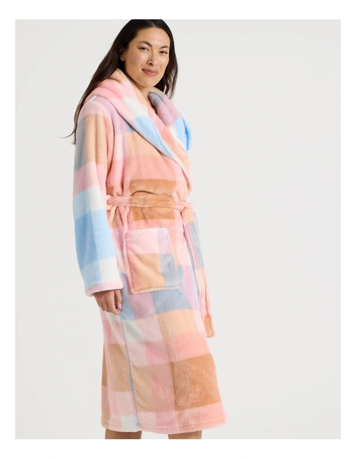 Fleece Hooded Robe in Blue Check Print image 3