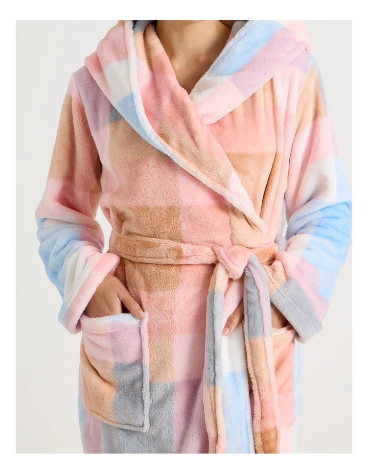 Fleece Hooded Robe in Blue Check Print image 4