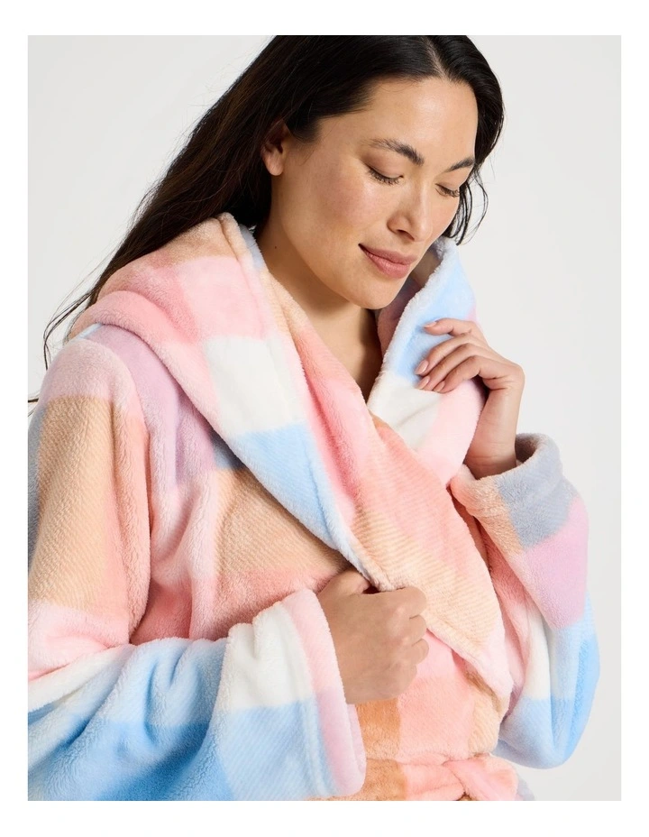 Fleece Hooded Robe in Blue Check Print image 5
