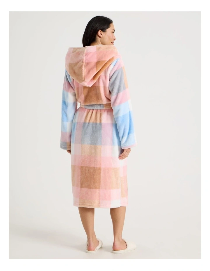 Fleece Hooded Robe in Blue Check Print image 7