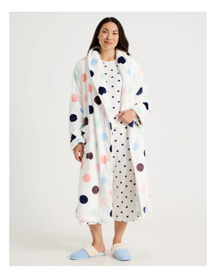 Long Fleece Robe in White Spot Print image 1