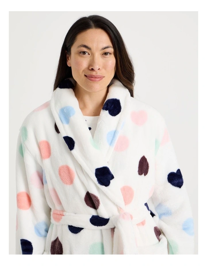 Long Fleece Robe in White Spot Print image 2