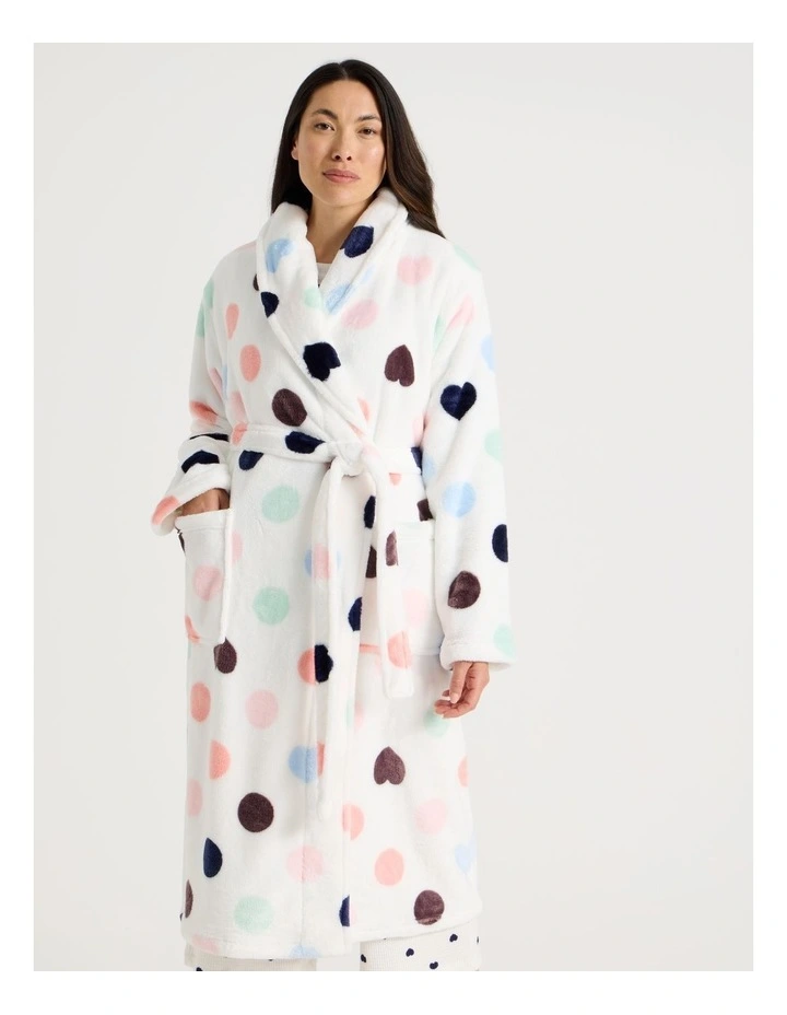 Long Fleece Robe in White Spot Print image 3