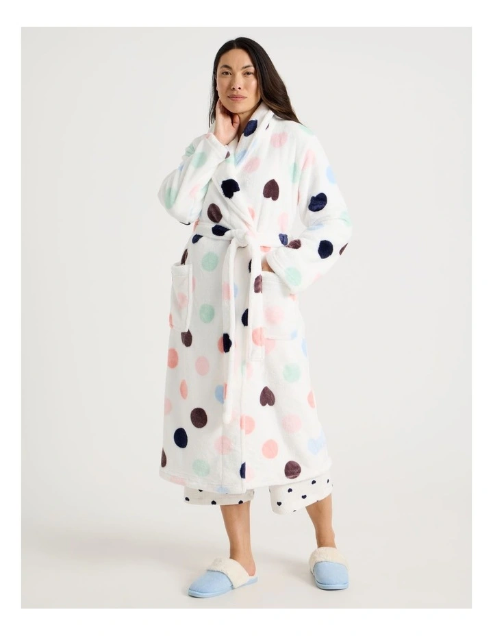 Long Fleece Robe in White Spot Print image 4