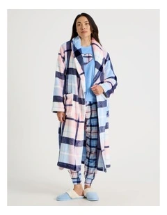 Long Fleece Robe in Navy Check Print