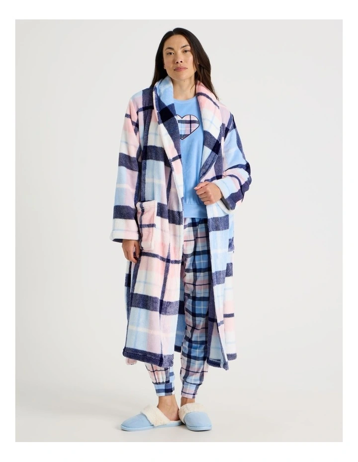 Long Fleece Robe in Navy Check Print image 1
