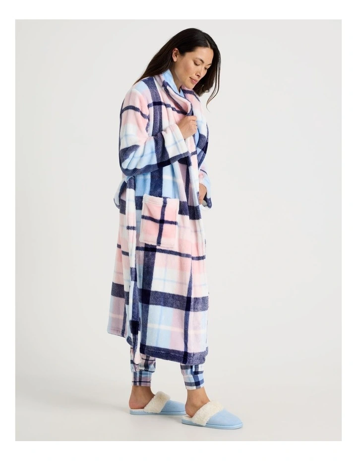 Long Fleece Robe in Navy Check Print image 2