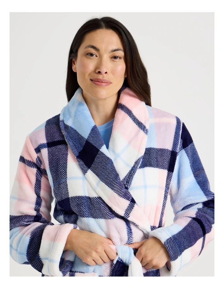 Long Fleece Robe in Navy Check Print image 3