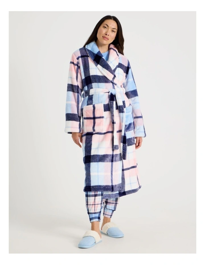 Long Fleece Robe in Navy Check Print image 4