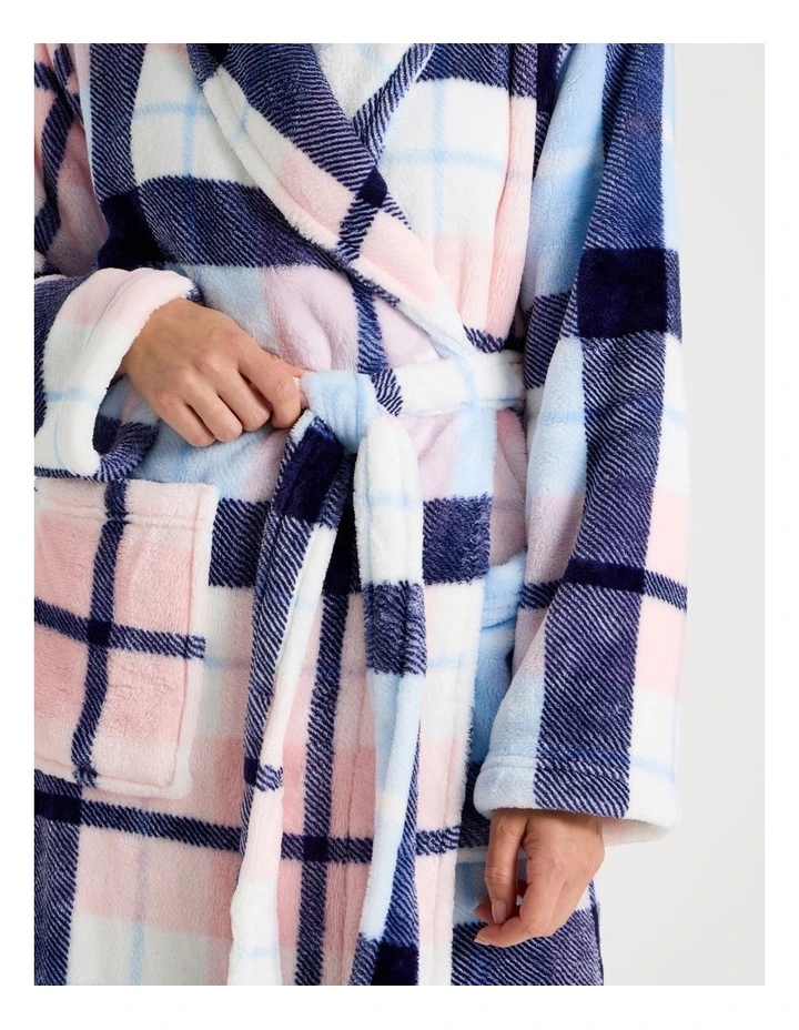Long Fleece Robe in Navy Check Print image 5