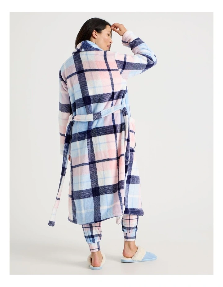 Long Fleece Robe in Navy Check Print image 6