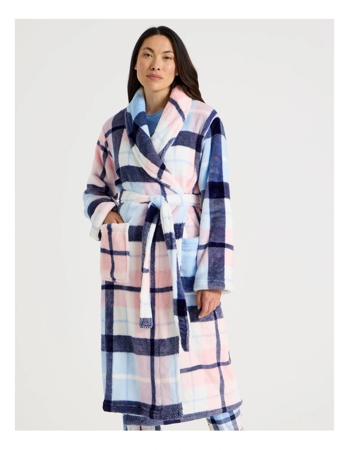 Long Fleece Robe in Navy Check Print image 7