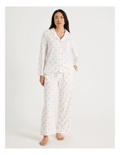 Long Sleeve Fleece Button Up Pyjama Set in Ivory Heart Print