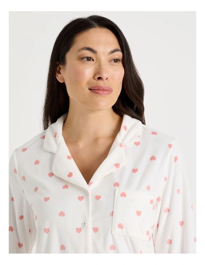 Long Sleeve Fleece Button Up Pyjama Set in Ivory Heart Print image 2