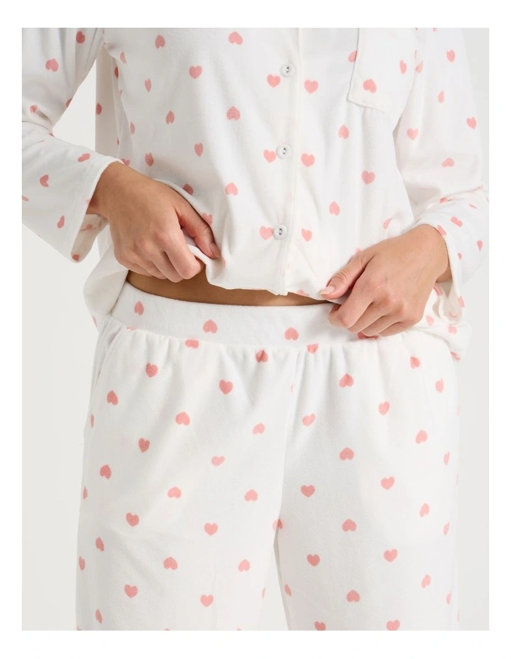 Long Sleeve Fleece Button Up Pyjama Set in Ivory Heart Print image 3
