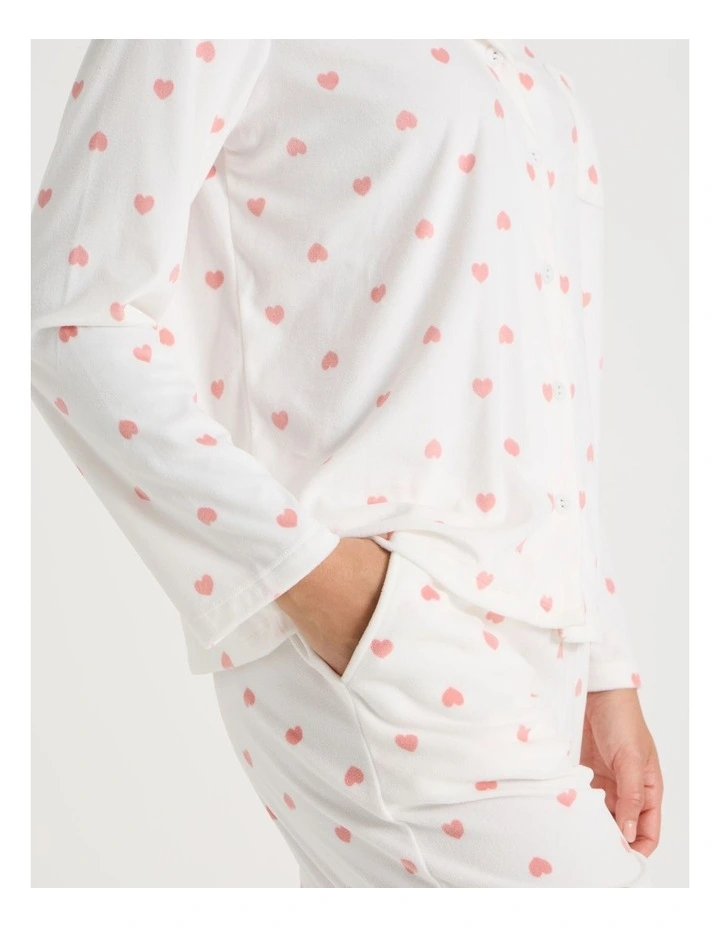 Long Sleeve Fleece Button Up Pyjama Set in Ivory Heart Print image 4