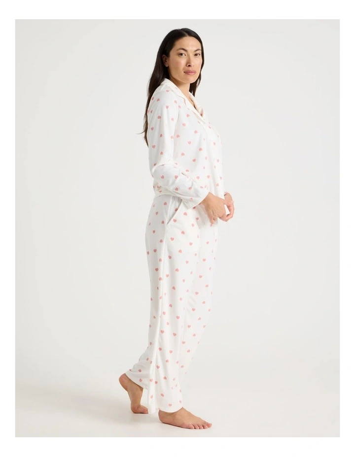 Long Sleeve Fleece Button Up Pyjama Set in Ivory Heart Print image 5