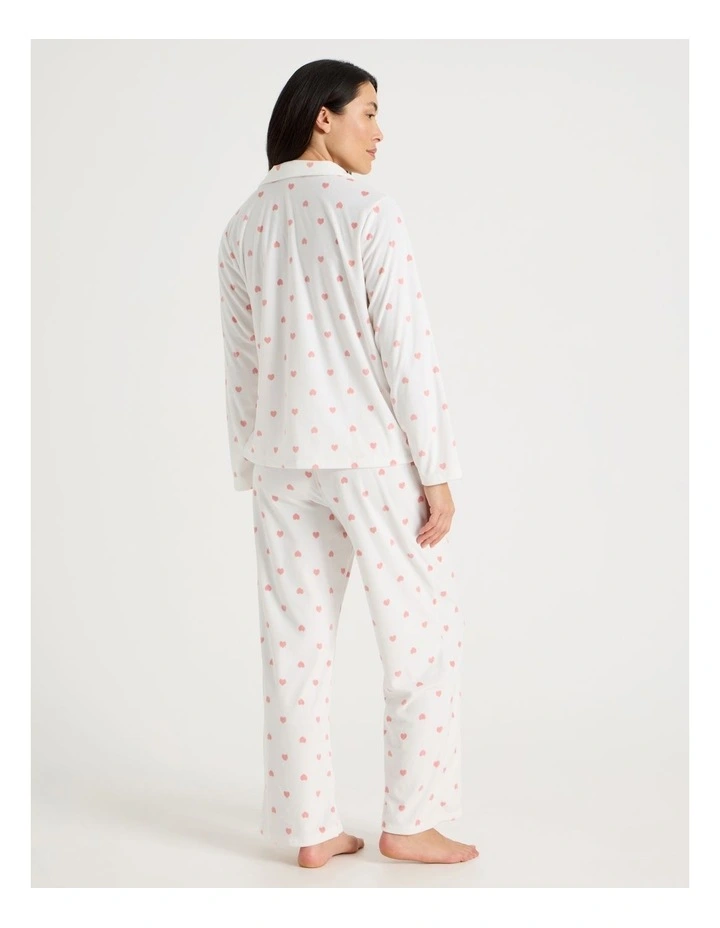 Long Sleeve Fleece Button Up Pyjama Set in Ivory Heart Print image 6