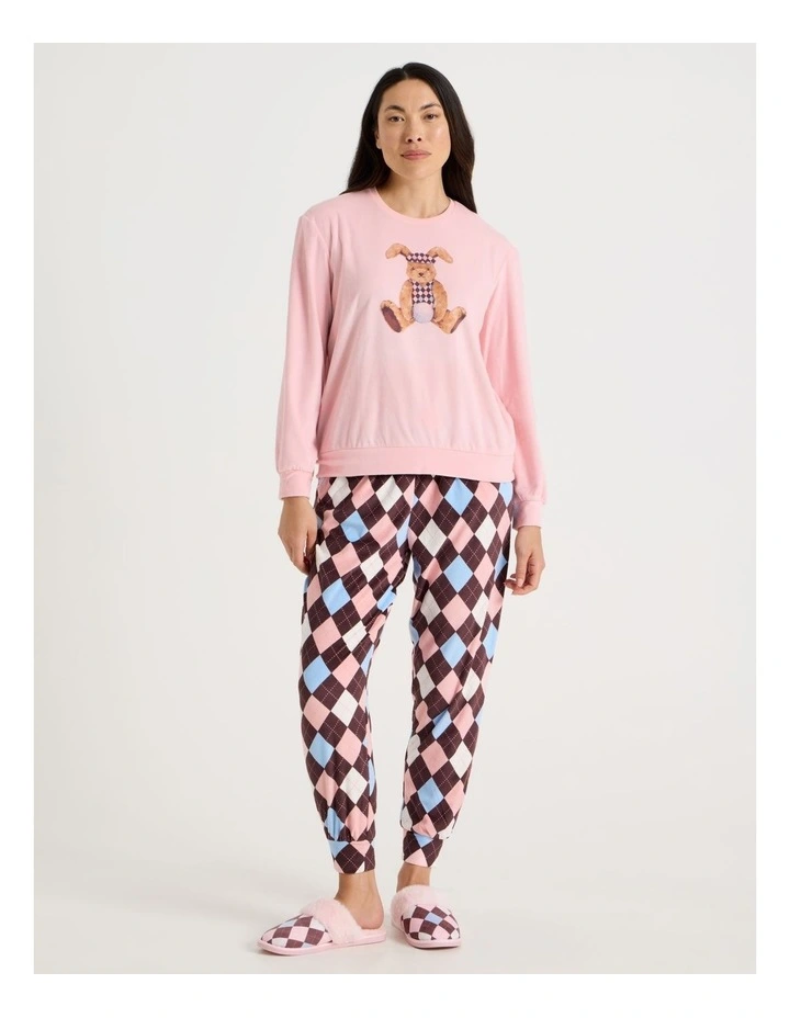 Cosy Fleece Pyjama Set in Bunny Argyle Print image 1